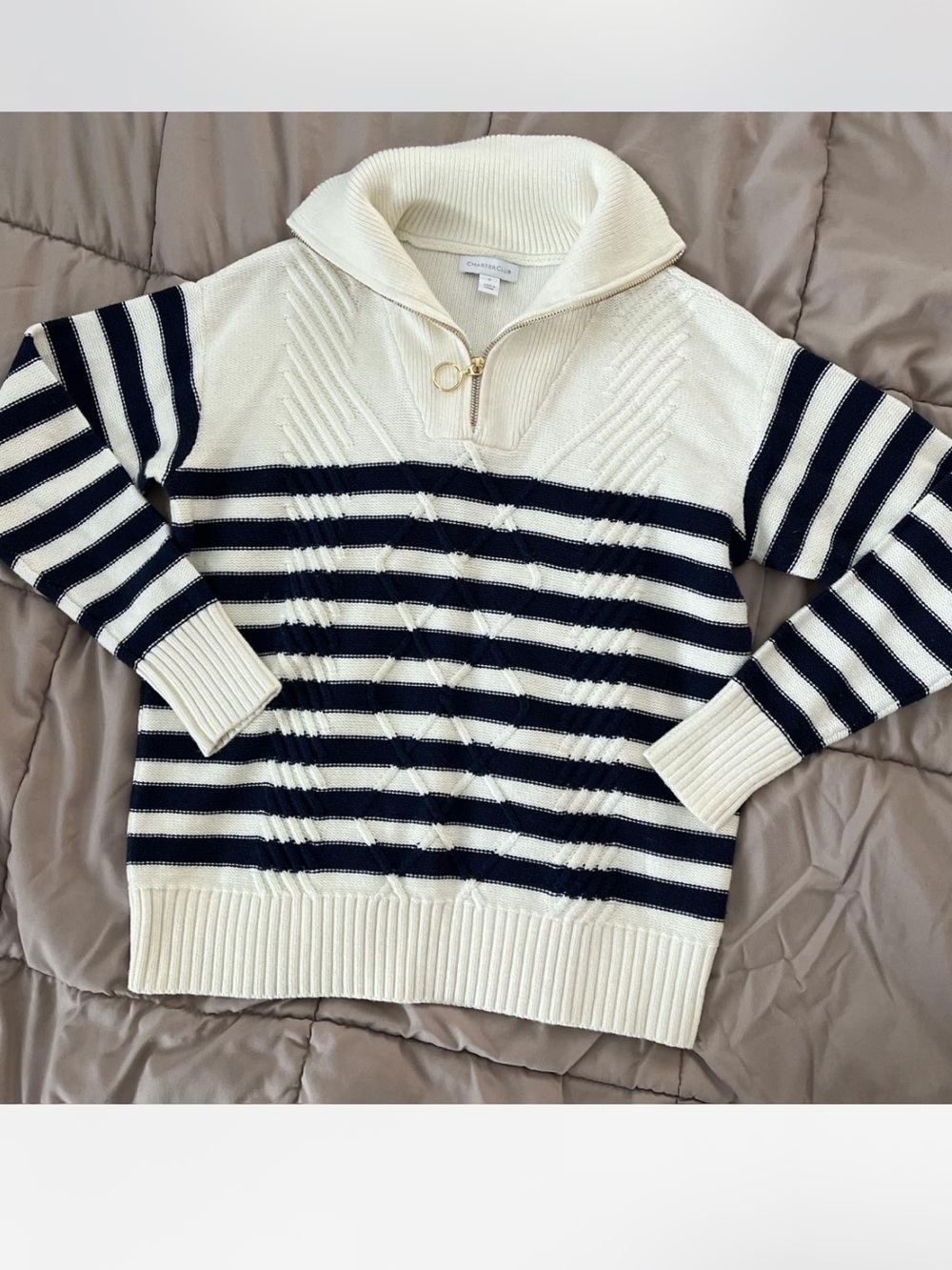 Charter club Striped Zip Sweater Pullover - White Cream & Navy